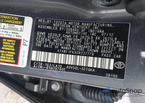 2012 Toyota Camry Xle z USA, uszkodzony, nr VIN 4T4BF1FKXCR237776